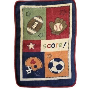 Vtg Nojo Sports Themed Plush Toddler Baby Blanket SCORE Red Trim Football Soccer